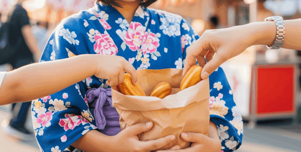 ベビーカステラに手を伸ばす様子