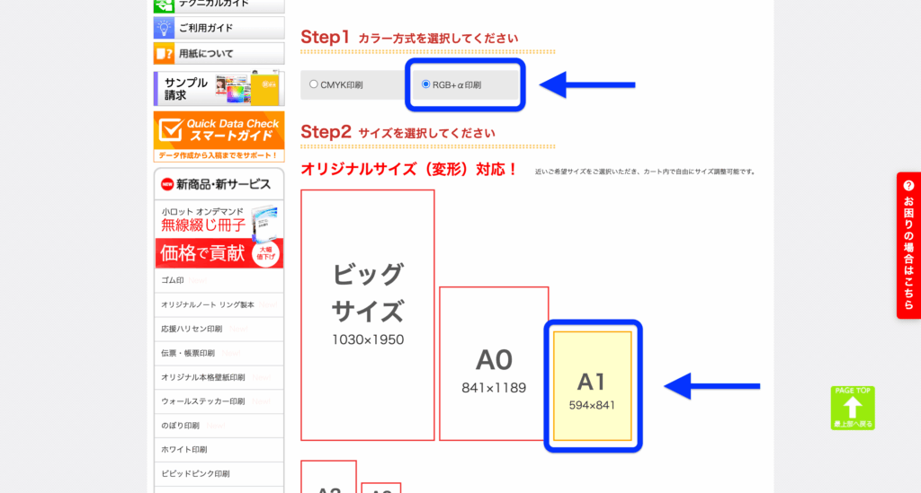 プリントパックの注文画面でカラー方式にRGB+α印刷、サイズにA1を選択している様子