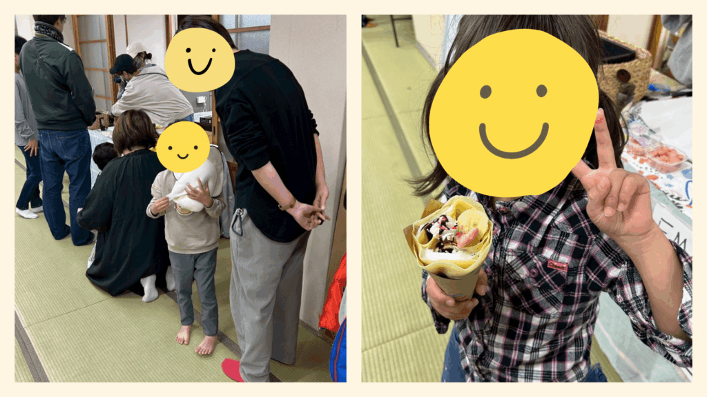 EMAnoOKINIIRIに並ぶ列とクレープをもらった子どもの画像
